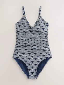 Marineblauw/wit met waaierprint - Vormgevend badpak met buikcorrectie