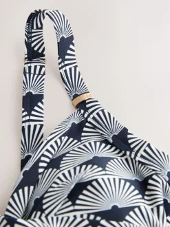 Marineblauw/wit met waaierprint - Vormgevend badpak met buikcorrectie