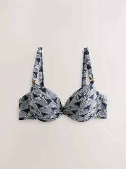 Marineblauw/wit met waaierprint - Buikcorrigerende bikinitop met vulling en beugel