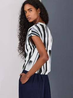 Marineblauw/zwart/wit - V-Neck Short Sleeved Tie Waist Top