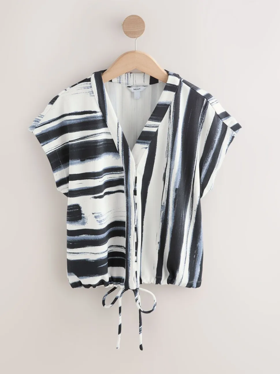 Marineblauw/zwart/wit - V-Neck Short Sleeved Tie Waist Top