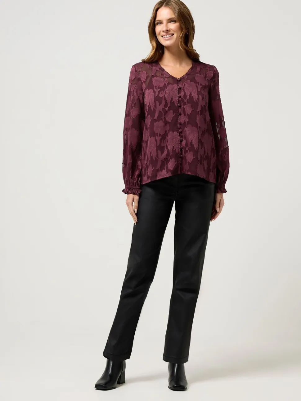 M&Co Jacquard V-Neck Blouse