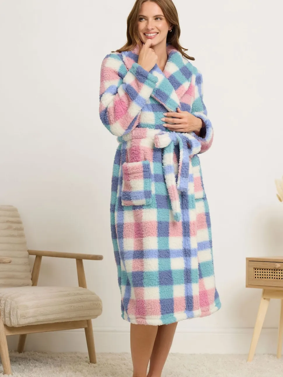 M&Co Multi Check Borg Shawl Robe