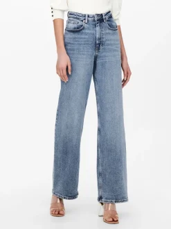 Medium blauw - ONLY - Jeans met hoge taille en wijde pijpen van 100% katoen