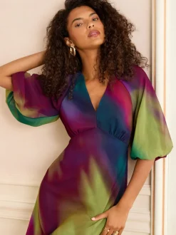 Meerkleurig ombré-effect - Love & Roses - Midi-jurk met print, V-hals en pofmouwen