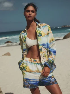 Meerkleurige schilderachtige print - Relaxed Long Sleeve Shirt With Linen