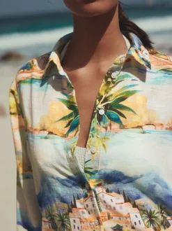 Meerkleurige schilderachtige print - Relaxed Long Sleeve Shirt With Linen