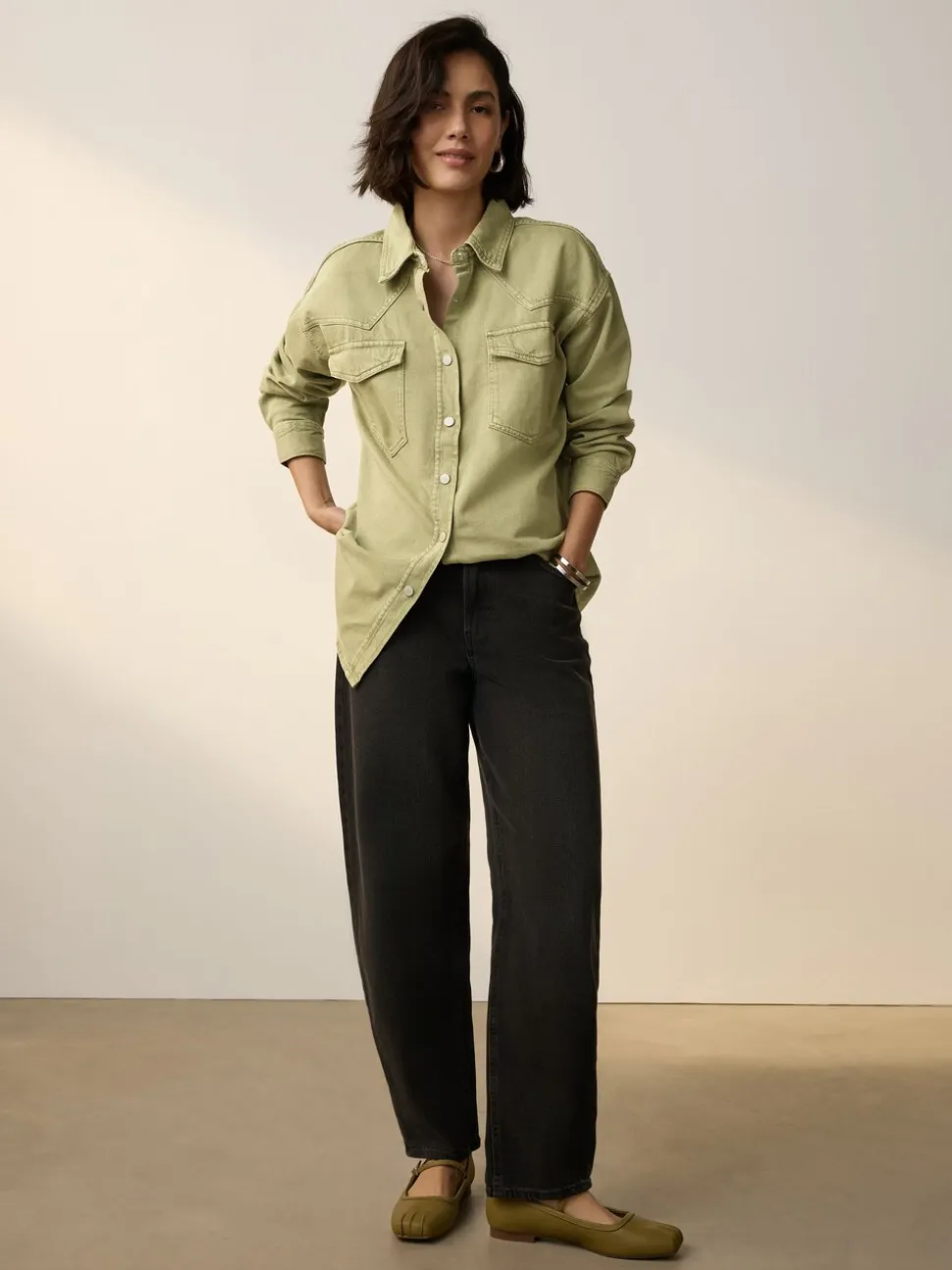 Mid Blue and Khaki Green - Oversized Denim Shirts 2 Pack