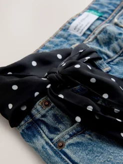 Mid Blue Polka Dot - Mid Rise Ankle Straight Leg Jeans With Scarf