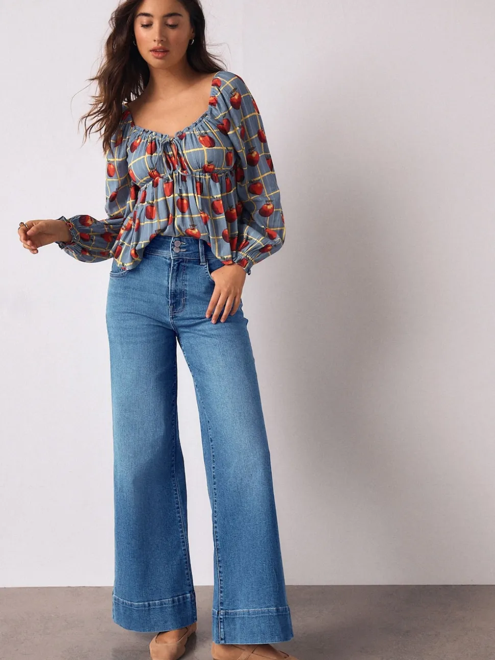 Middenblauw denim - High Rise stretchy Jeans met wijde pijpen