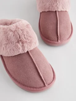 Mink roze - Met imitatiebont gevoerde suède pantoffelmuiltjes