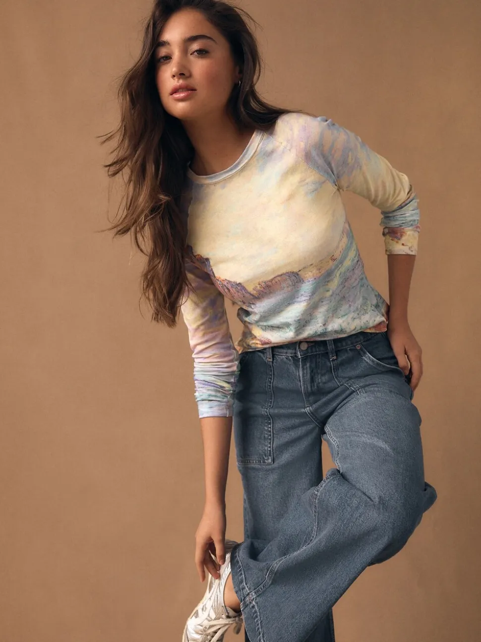 Monet Graphic License - Long Sleeve Washed Effect Raw Seam T-Shirt