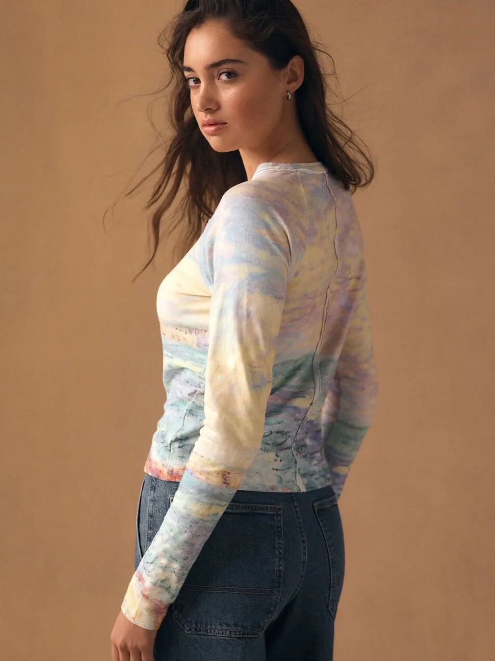 Monet Graphic License - Long Sleeve Washed Effect Raw Seam T-Shirt