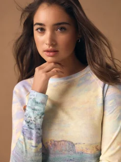 Monet Graphic License - Long Sleeve Washed Effect Raw Seam T-Shirt