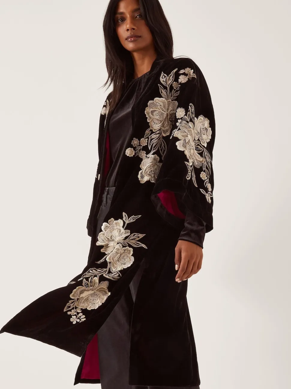 Monsoon Fia Floral Embroidered Velvet Kimono