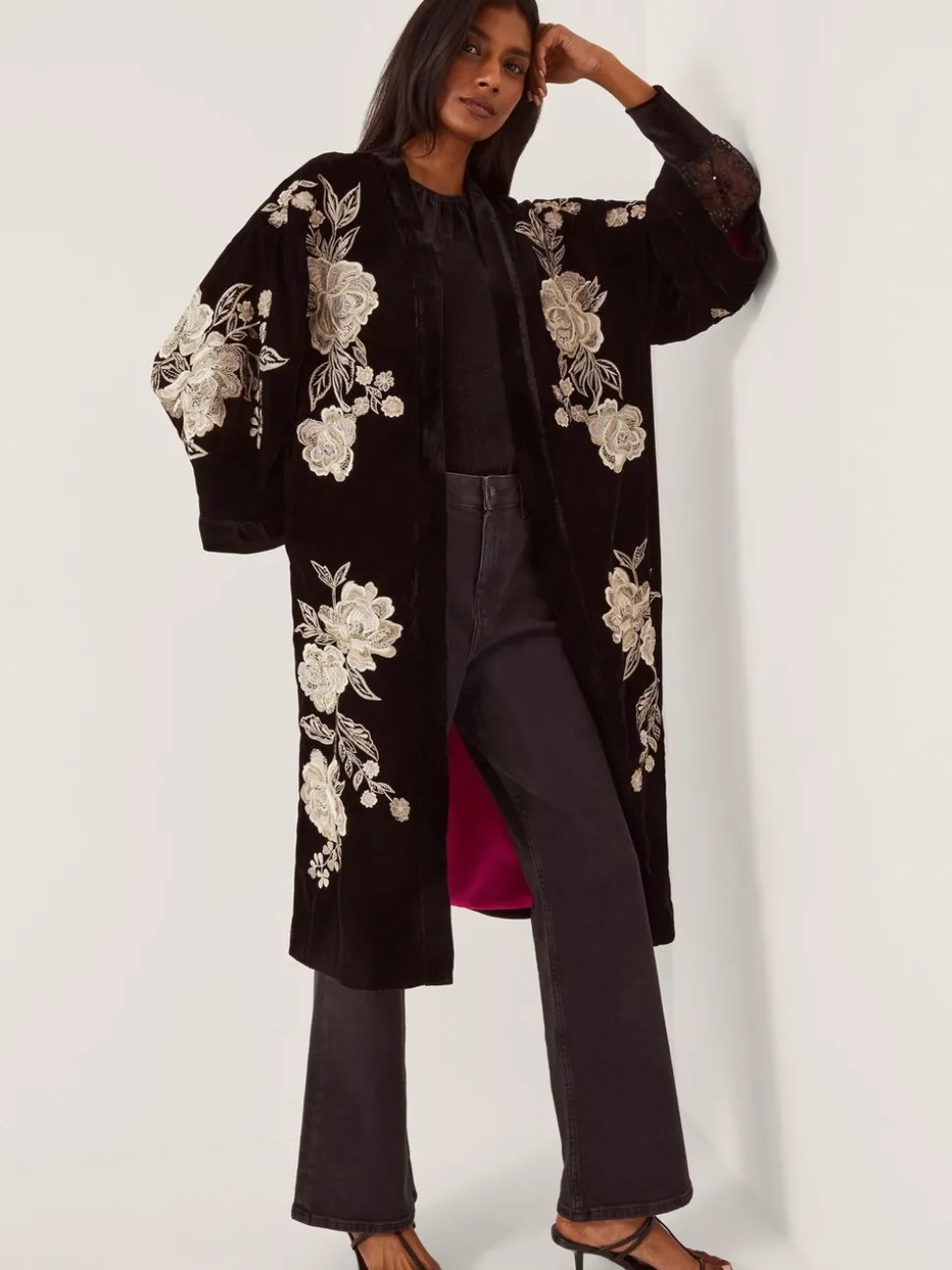 Monsoon Fia Floral Embroidered Velvet Kimono