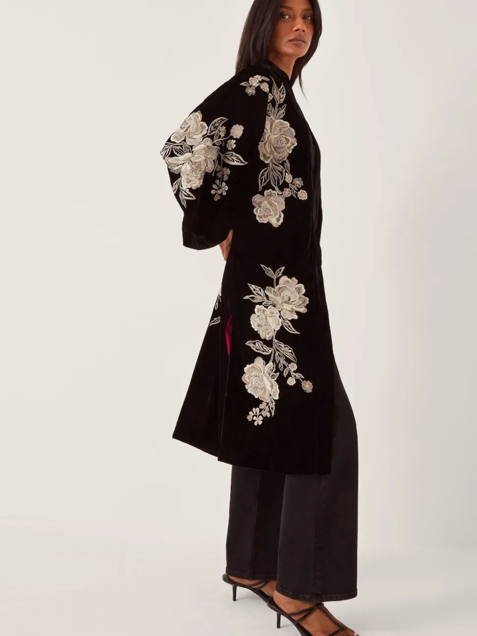 Monsoon Fia Floral Embroidered Velvet Kimono