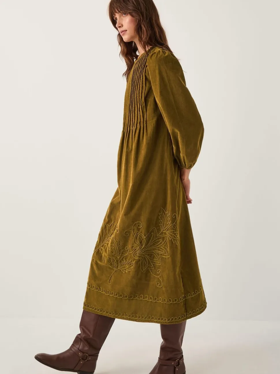 Monsoon Joyce Pintuck Embroidered Corduroy Midi Dress