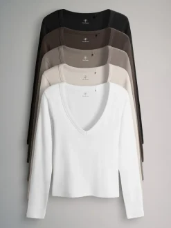 Multi - The Set 5 Pack Long Sleeve V-Neck Ribbed T-Shirts