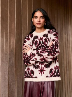 Naturel/Bordeauxrood - Statement trui met Paisley en ronde hals