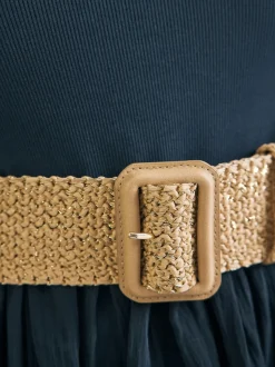 Naturel/goud - Brede riem met raffia-effect