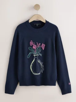 Navy Blue Floral Embellished - Superzachte trui met ronde hals en lange mouwen
