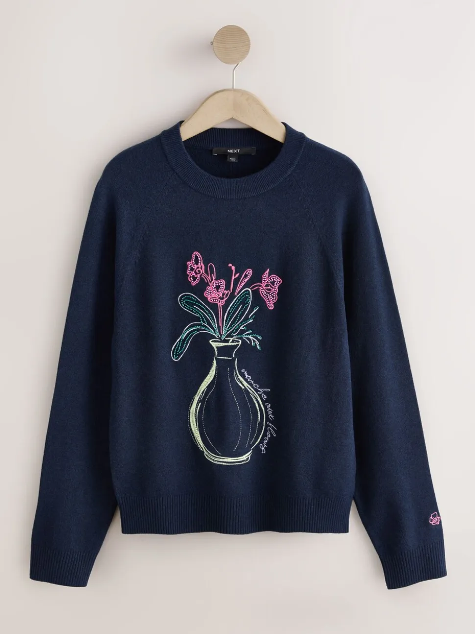 Navy Blue Floral Embellished - Superzachte trui met ronde hals en lange mouwen
