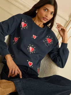 Navy Blue Heart Embroidery - Love & Roses - Jersey sweatshirt met ronde hals