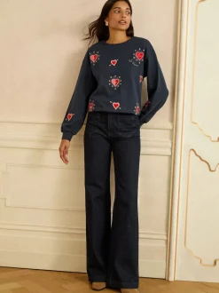 Navy Blue Heart Embroidery - Love & Roses - Jersey sweatshirt met ronde hals