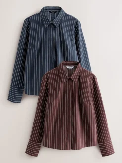Navy Stripe/Burgundy Stripe - Fitted Stretch Essential Long Sleeve Shirts 2 Pack