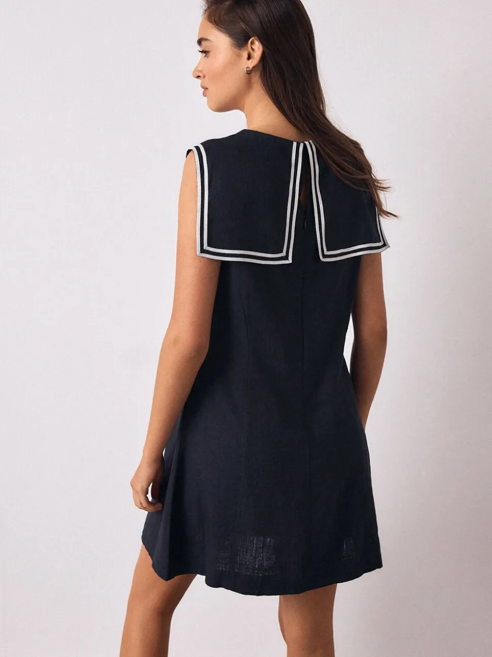 Navy with Ecru Tipping - Sailor Collar Mini Dress with Linen