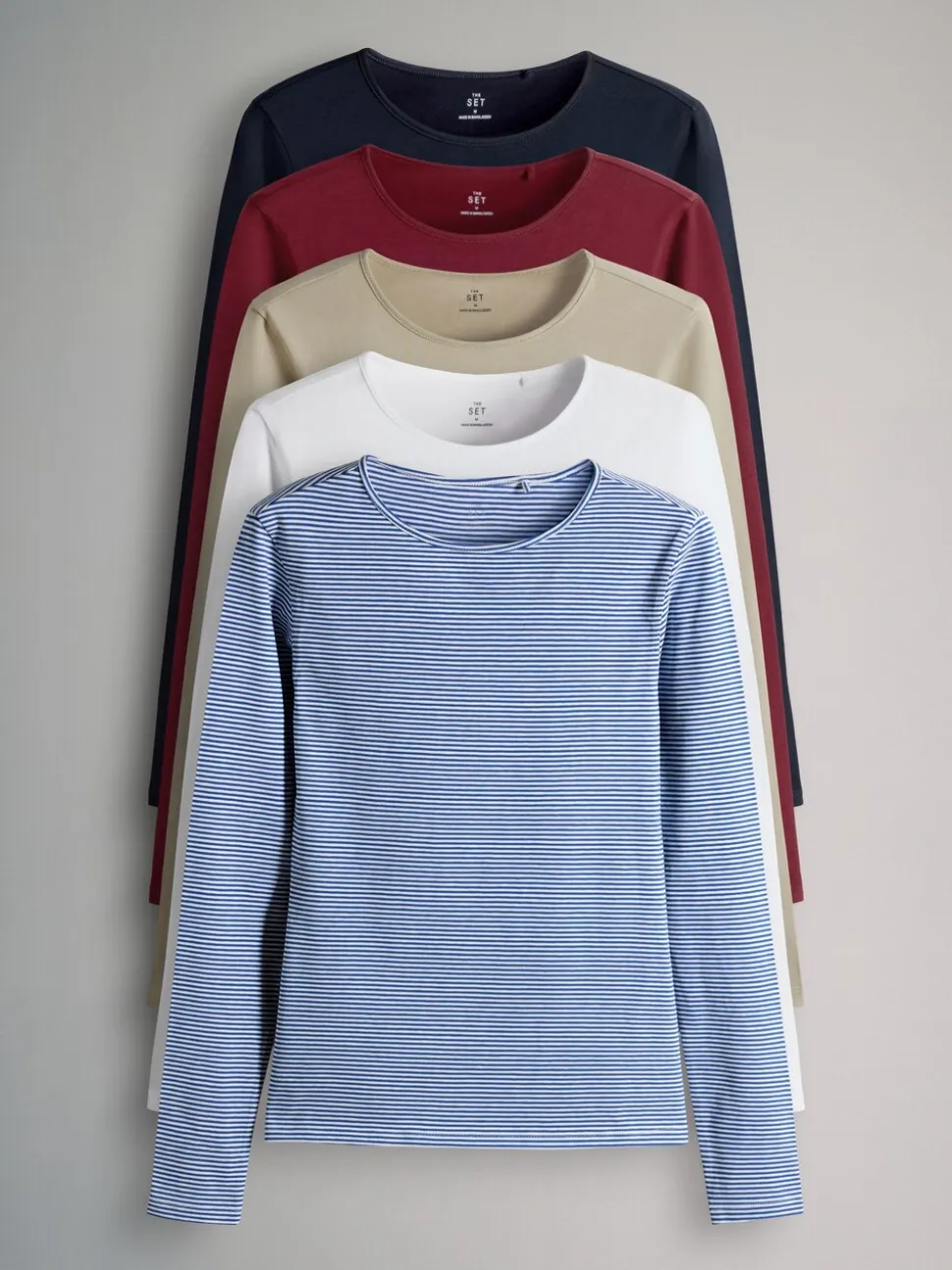 Navy/Light Blue Stripe/Red/Stone Brown/White - The Set - 5 T-shirts met lange mouwen en ronde hals