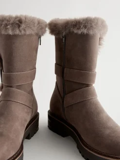 Nertsgrijs/bruin - Faux Fur Double Buckle Ankle Boots