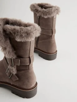 Nertsgrijs/bruin - Faux Fur Double Buckle Ankle Boots