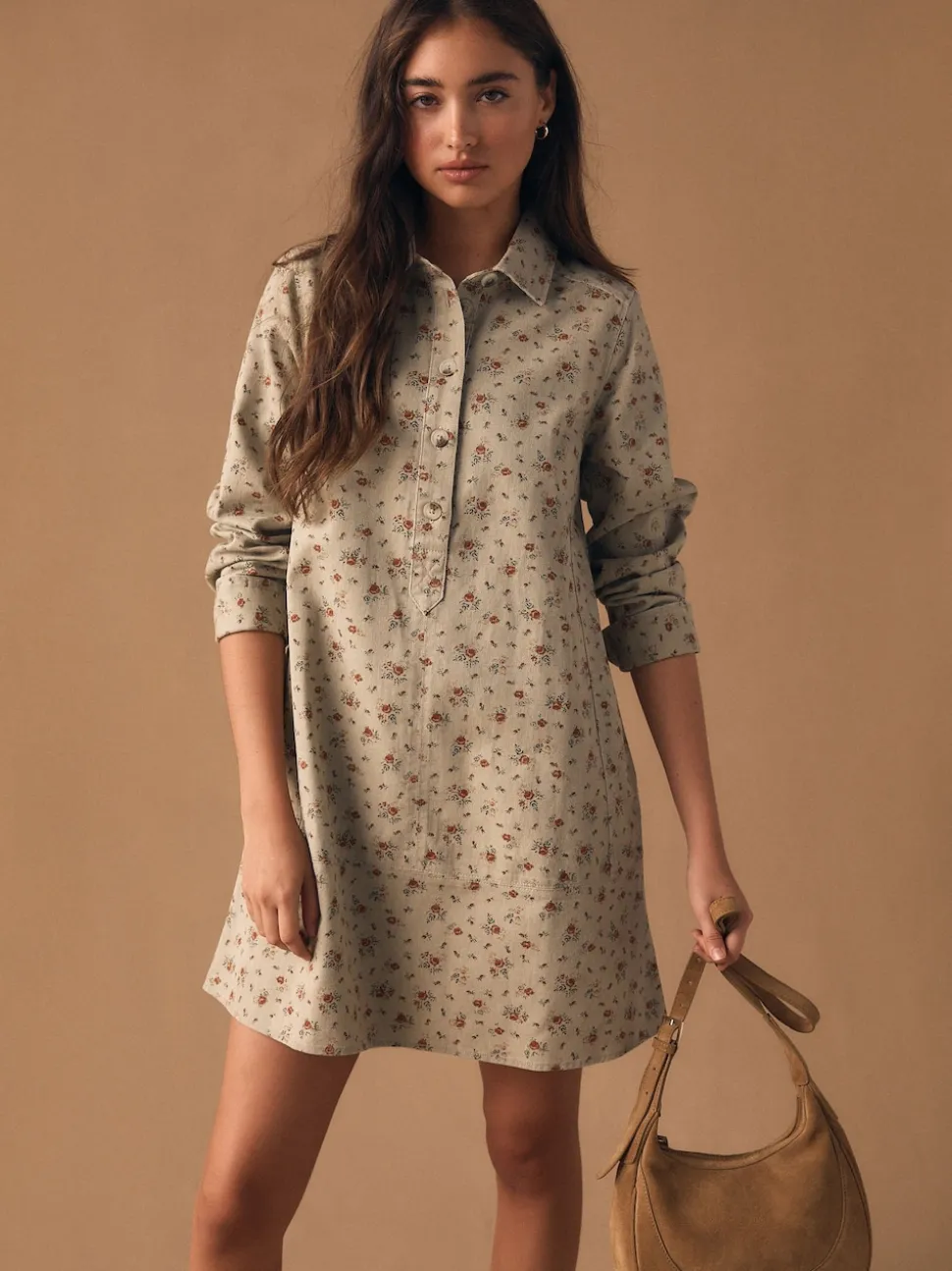 Neutraal gebloemd - Long Sleeve Cotton Twill Overhead Shirt Dress