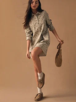 Neutraal gebloemd - Long Sleeve Cotton Twill Overhead Shirt Dress