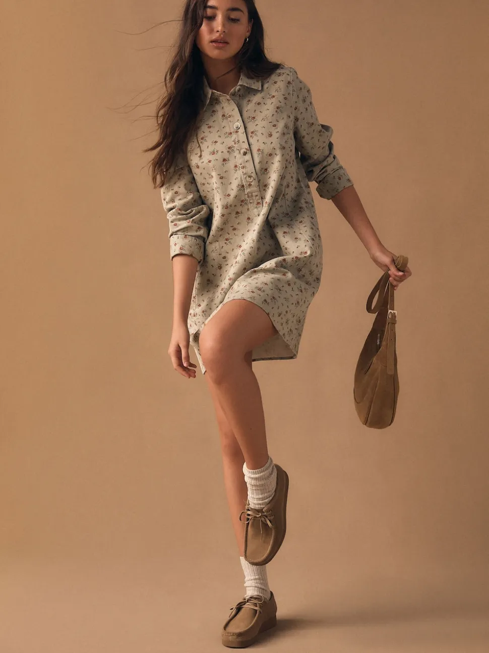 Neutraal gebloemd - Long Sleeve Cotton Twill Overhead Shirt Dress