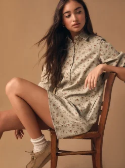 Neutraal gebloemd - Long Sleeve Cotton Twill Overhead Shirt Dress