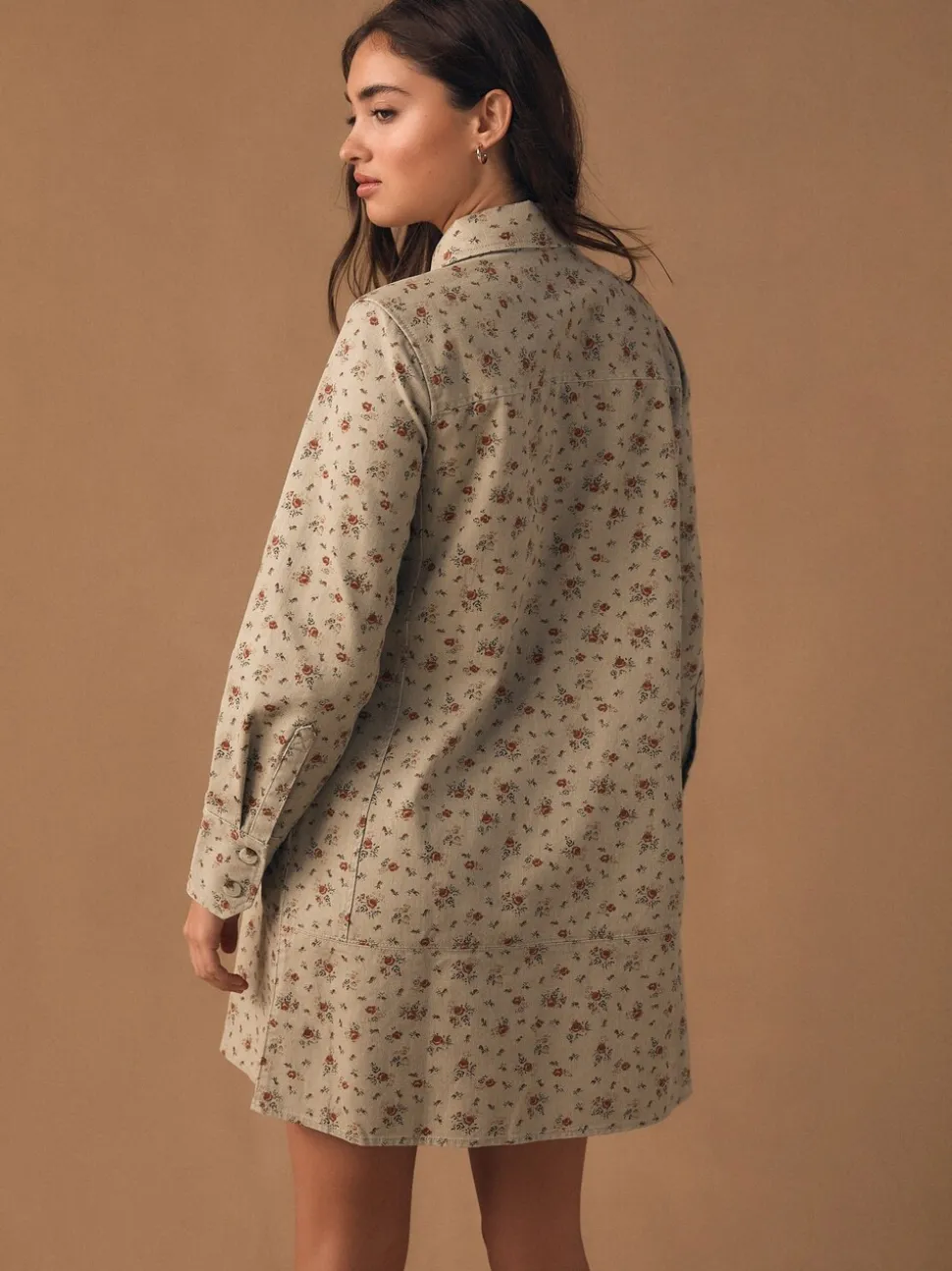 Neutraal gebloemd - Long Sleeve Cotton Twill Overhead Shirt Dress