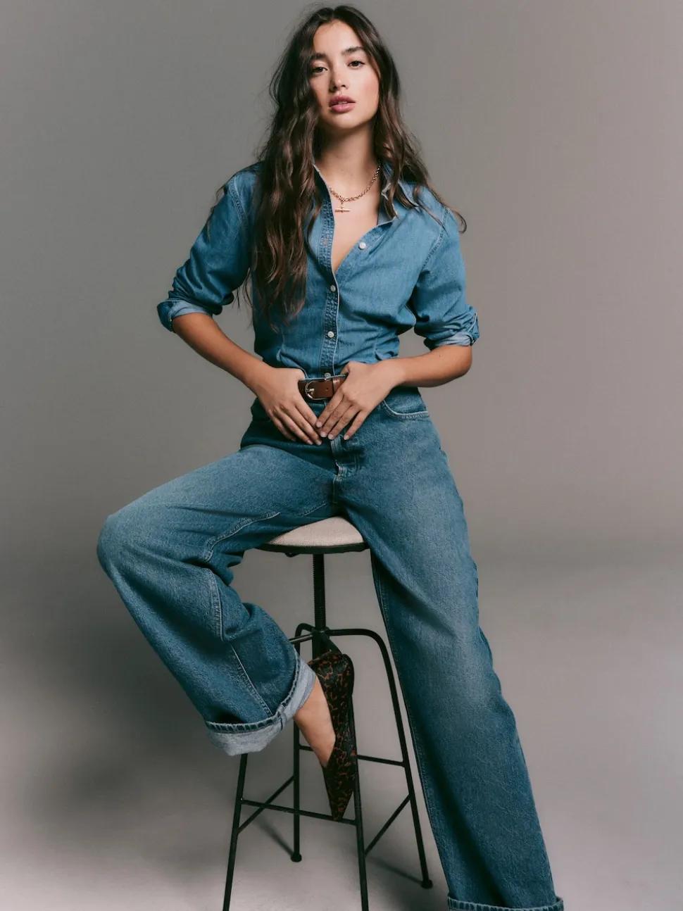 Normaal blauw - Cinch Waist Fitted Long Sleeve Denim Shirt