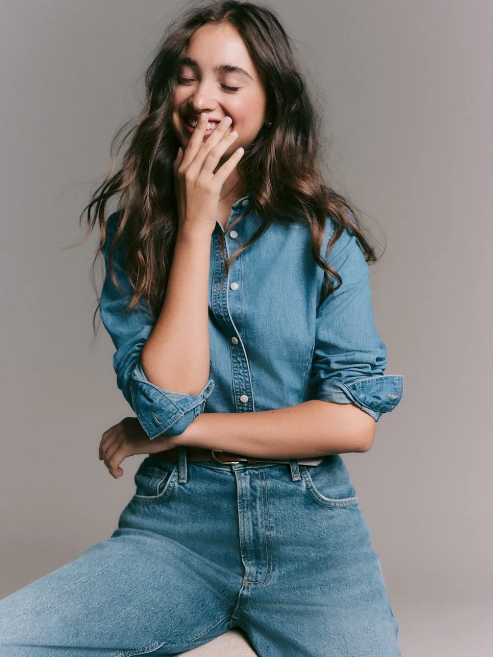 Normaal blauw - Cinch Waist Fitted Long Sleeve Denim Shirt