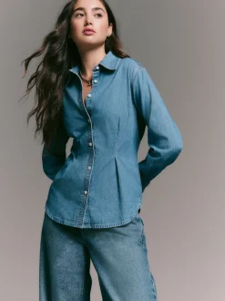 Normaal blauw - Cinch Waist Fitted Long Sleeve Denim Shirt