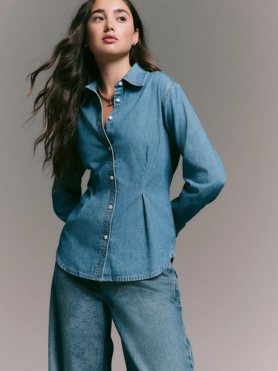 Normaal blauw - Cinch Waist Fitted Long Sleeve Denim Shirt