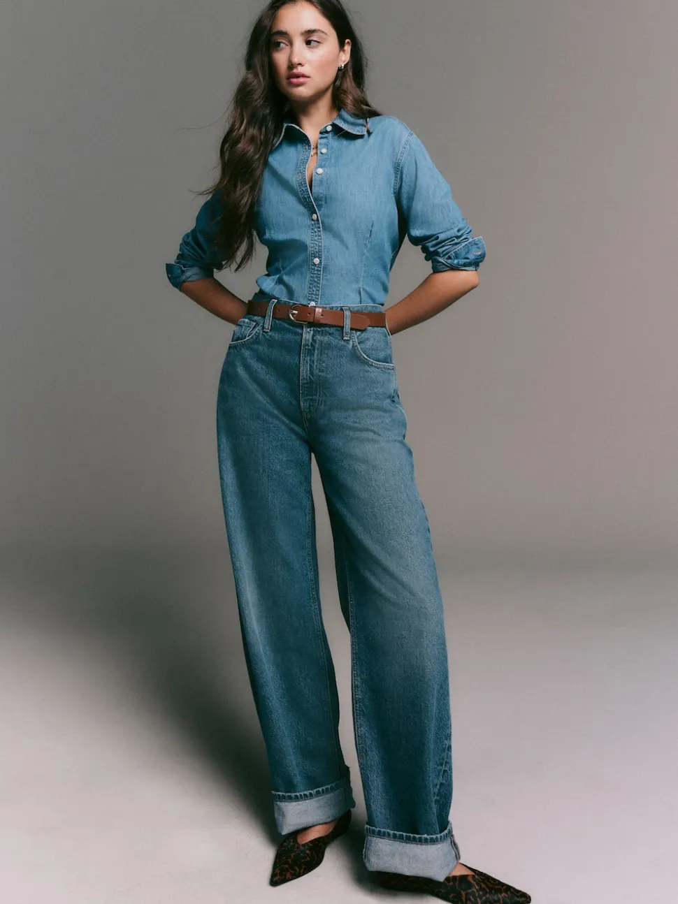 Normaal blauw - Cinch Waist Fitted Long Sleeve Denim Shirt