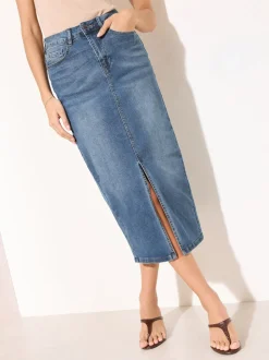 Normaal blauw - Friends Like These - Denim midirok met split in de voorkant