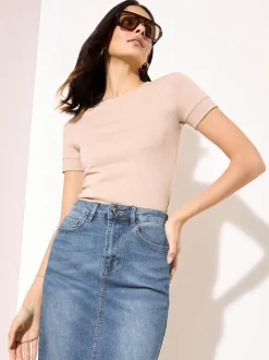 Normaal blauw - Friends Like These - Denim midirok met split in de voorkant