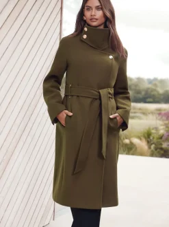Olijfgroen - Lipsy asymmetrische jas met trechterhals en riem