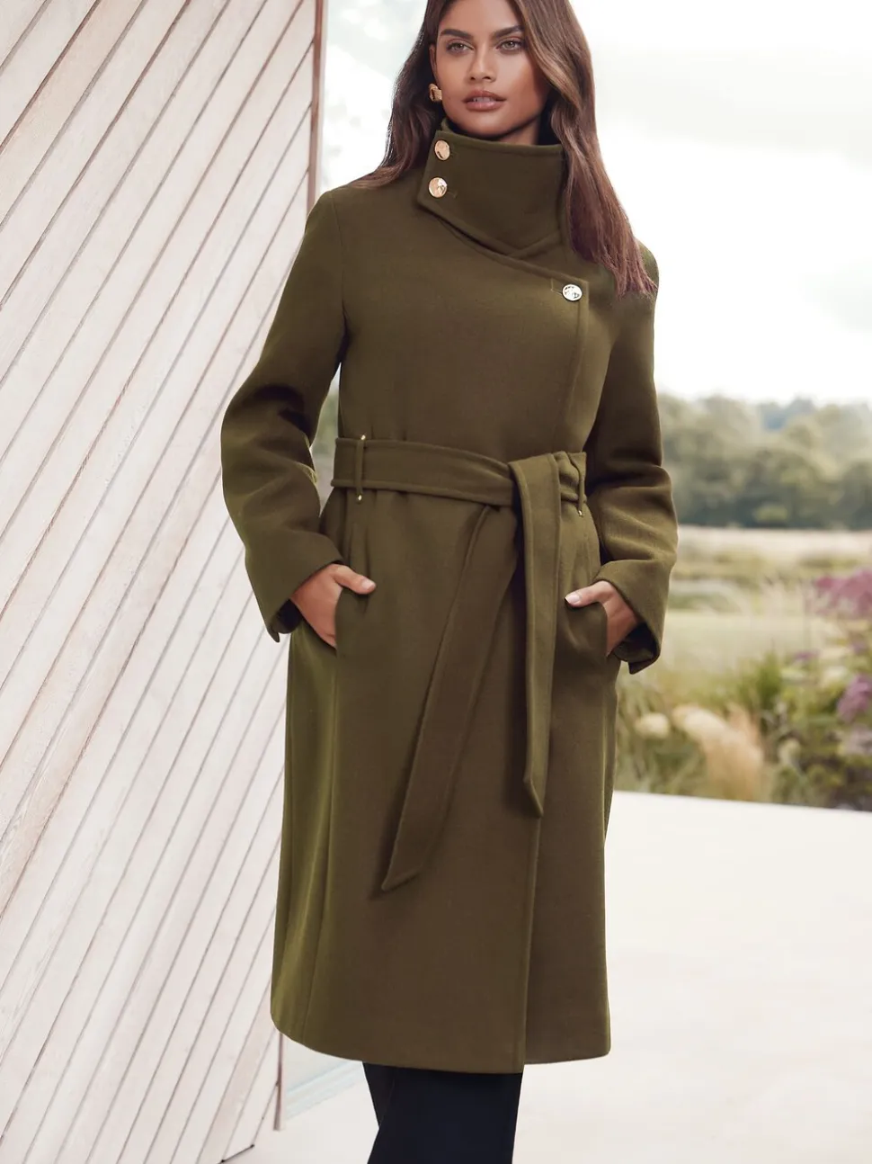 Olijfgroen - Lipsy asymmetrische jas met trechterhals en riem