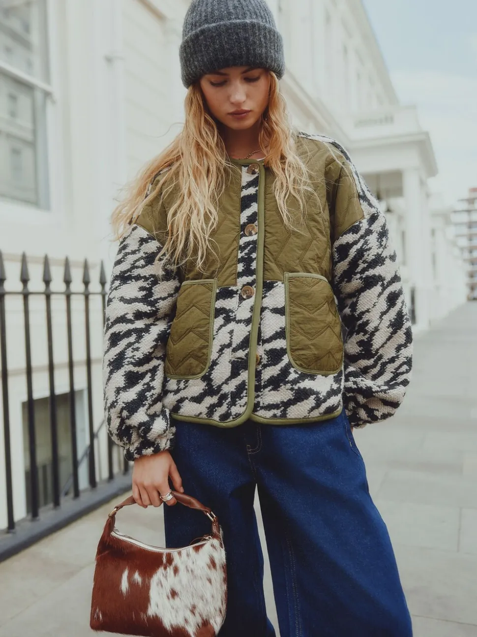 Olive Green/Animal Print - Fluffy Cosy Woven Button Through Borg Jacket