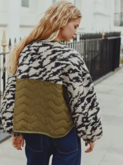 Olive Green/Animal Print - Fluffy Cosy Woven Button Through Borg Jacket
